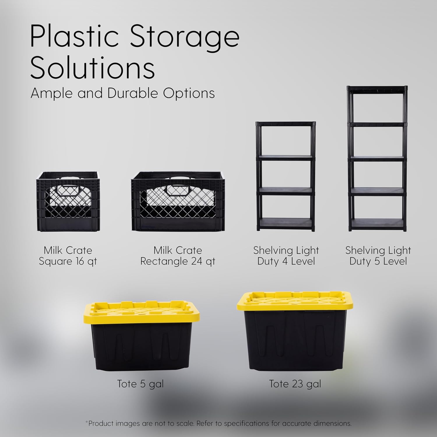 Plastic 5-Gallon Storage Tote with Lockable Lid, Stackable Tough Regular-Duty Bin for Garage, Tools, and Home Organization (2-Pack) - Black and Yellow