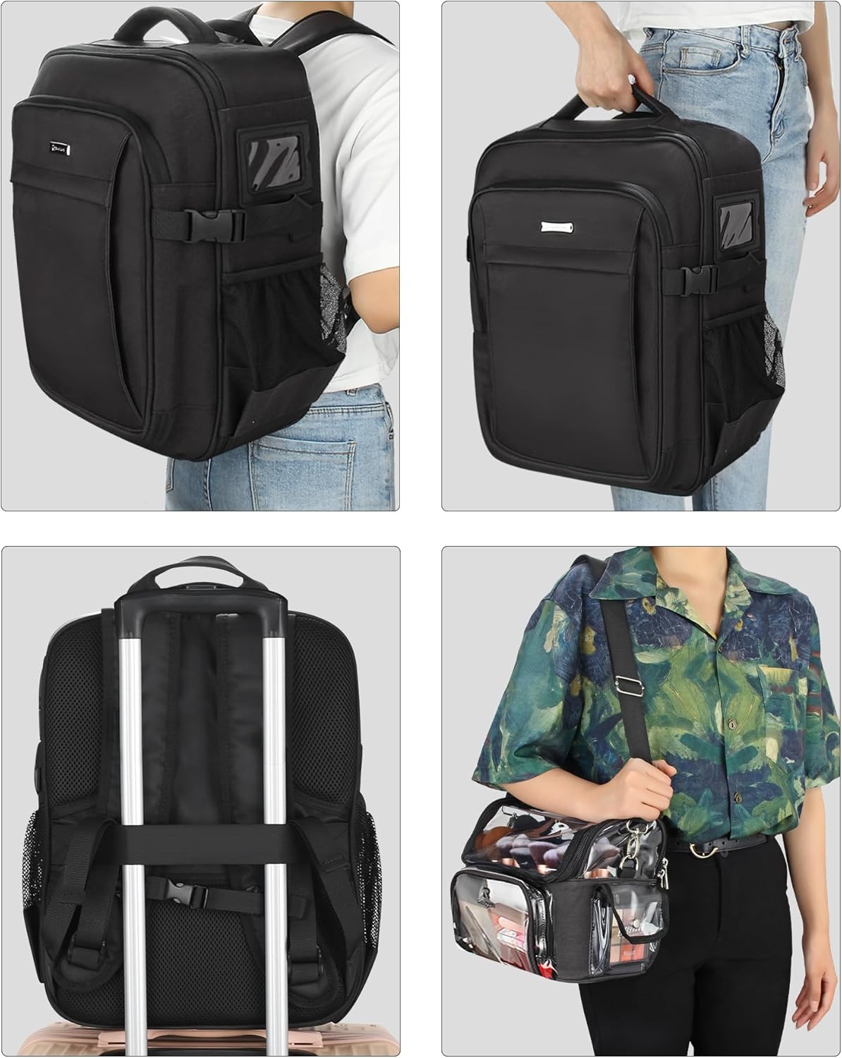 Relavel Professional Makeup Case Makeup Backpack and Clear Makeup Brush Case for Makeup Artists, Durable Water-resistant Material, with Shoulder Strap and Adjustable Dividers Black