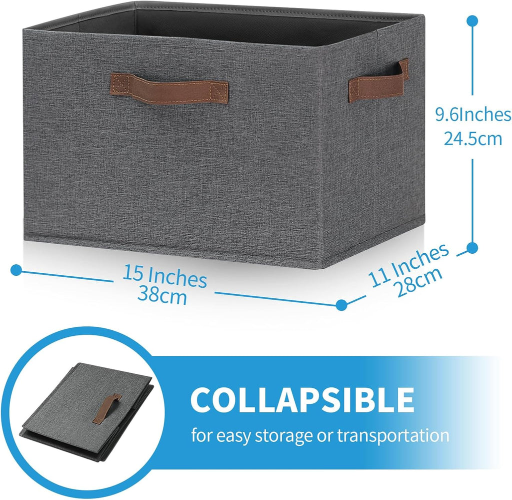GhvyenntteS Large Fabric Storage Bins with 3 Handles, 15x11x9.6 Inch Storage Baskets for Shelves, Foldable Closet Storage Bins for Shelves, Closet Organizers and Storage Boxes, Gray