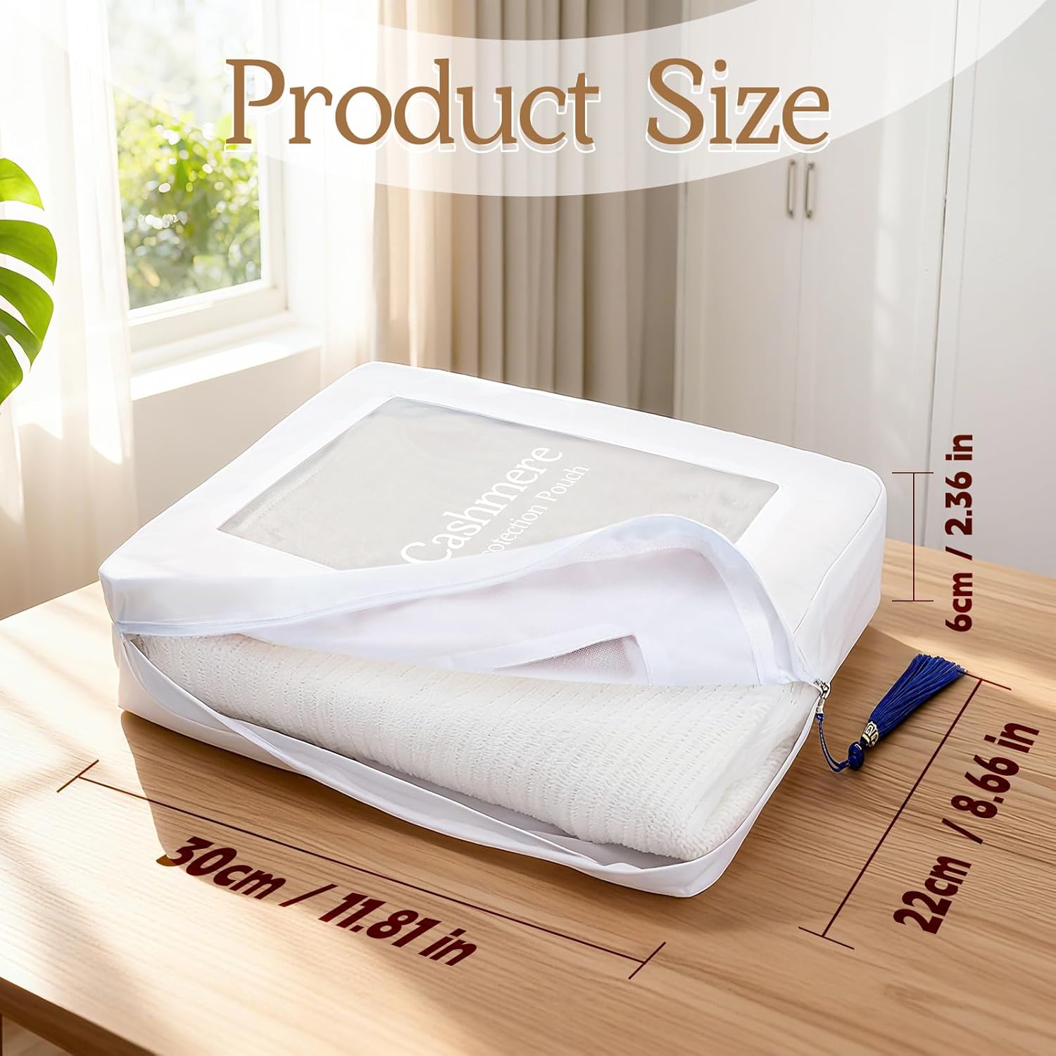 2 Pack Cashmere Protection Pouch, Cotton Sweater Storage Bags with Zippers Tassel and Organza Panel, Breathable Dustproof Clothing Bags Organizer for Wool, Gift for Cashmere Lovers