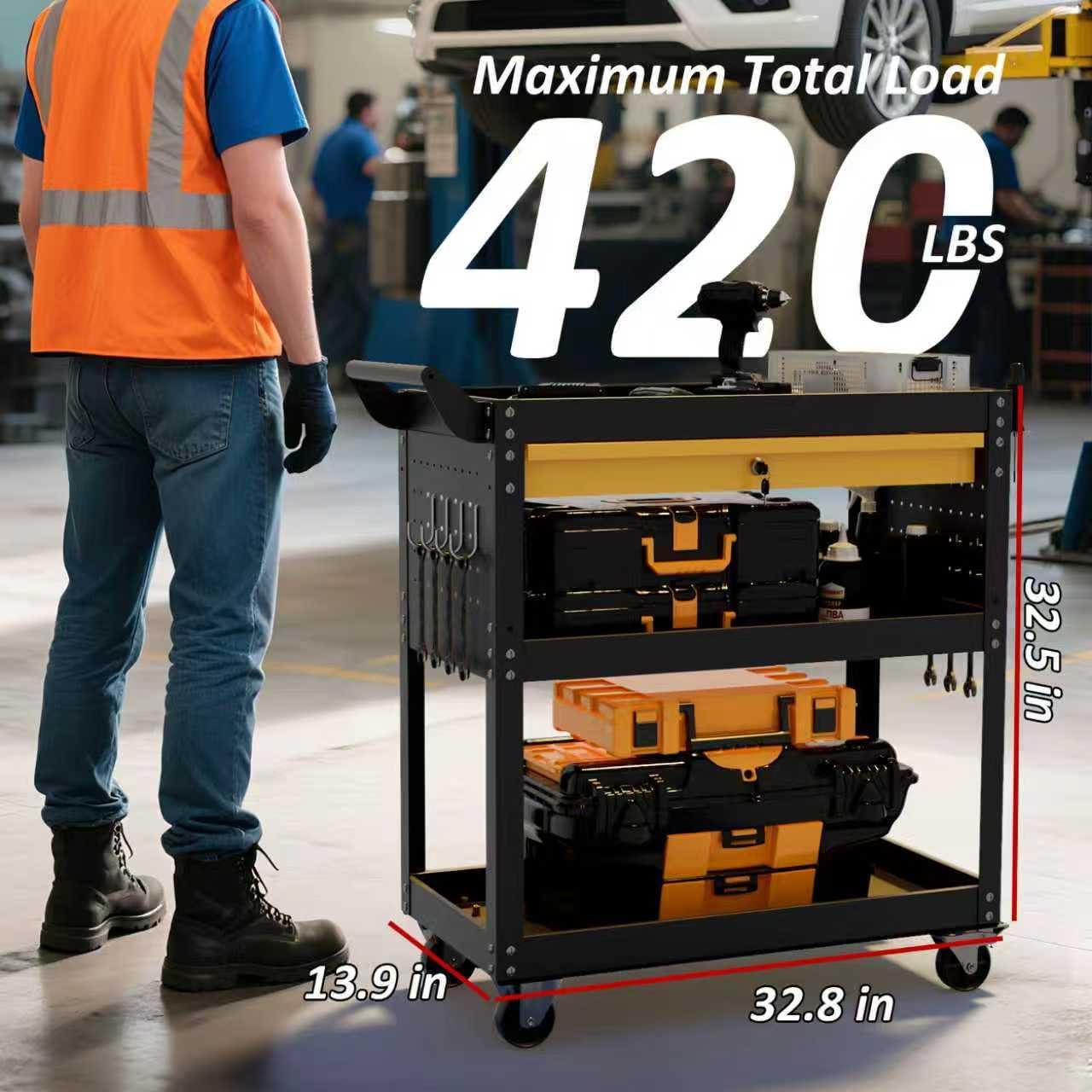 3 Tier Heavy Duty Rolling Tool Cart on Wheels with Drawer & Pegboard, 420Lbs Capacity Mobile Garage Storage Organizer Cart for Mechanics, Workshop