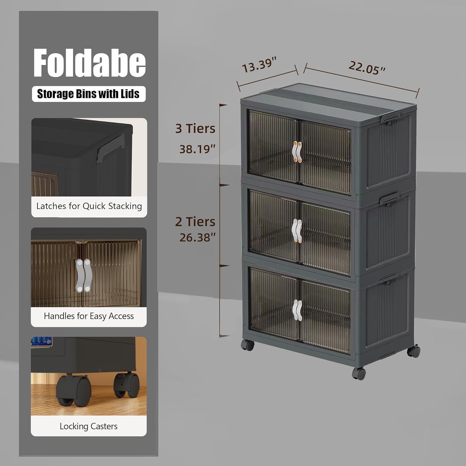 Stackable Storage Bins, Plastic Storage Bins with Lid and Wheels, Collapsible Storage Containers with Magnetic Doors, Foldable Storage Boxes for Home, Pantry, Office (M, Gray 3-Tier)