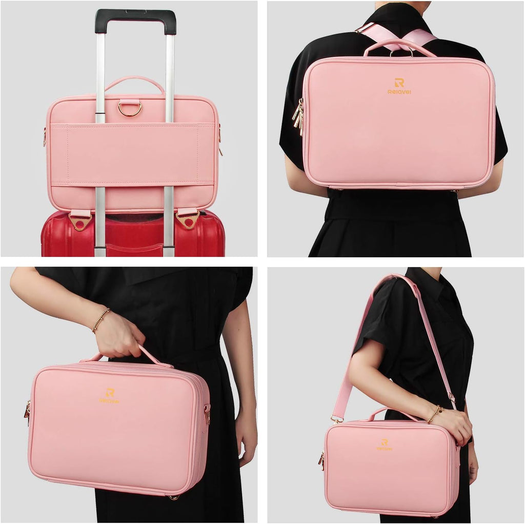 Relavel Makeup Bag Travel Makeup Train Case 13.8 inches Large Cosmetic Case Professional Portable Makeup Brush Holder Organizer and Storage with Adjustable Dividers and Shoulder Strap (Pink)