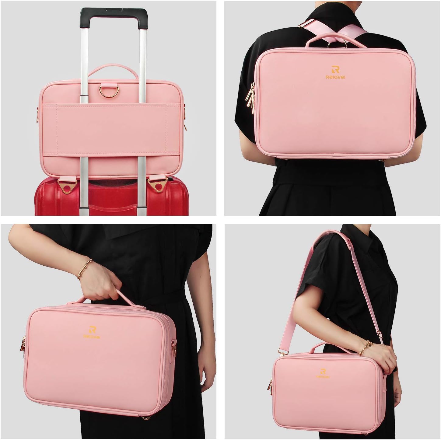 Relavel Makeup Bag Travel Makeup Train Case 13.8 inches Large Cosmetic Case Professional Portable Makeup Brush Holder Organizer and Storage with Adjustable Dividers and Shoulder Strap (Pink)