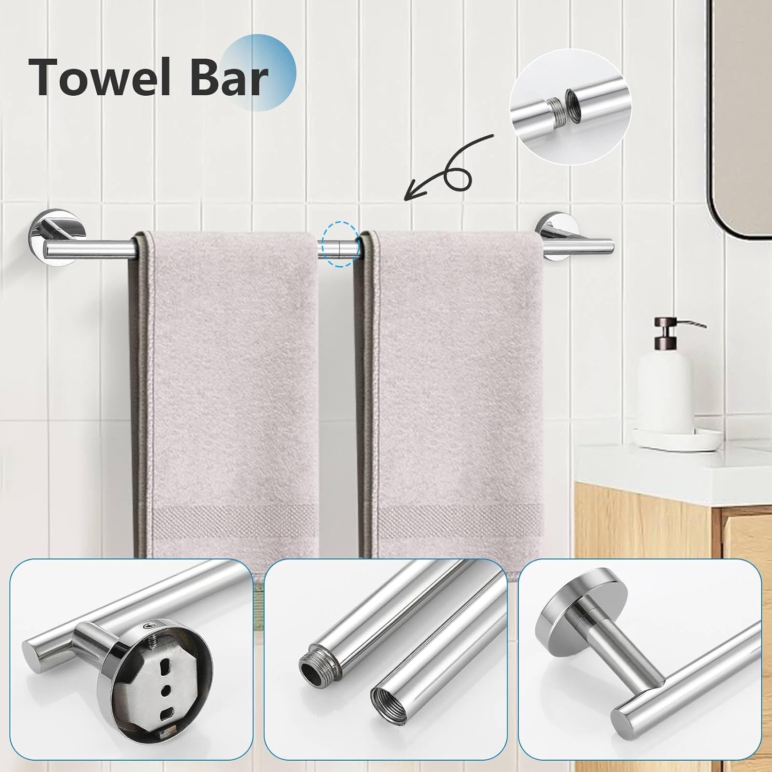 10-Piece Towel Bar Set Polished Chrome Bathroom Hardware Accessories Set Upgraded Towel Hooks Towel Holder Set for Bathroom Stainless Steel Wall Mounted 23.6 Inch
