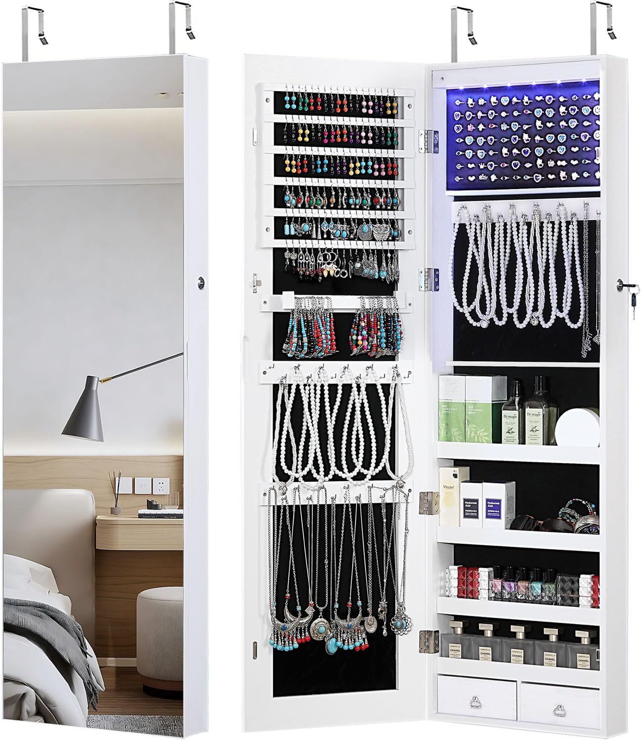 GISSAR Full Length Mirror Jewelry Cabinet, 6 LEDs Jewelry Armoire Wall Mounted Over The Door Hanging, Jewelry Organizer Storage with Lights Lockable, Bright White, 14.6" x 47.2"