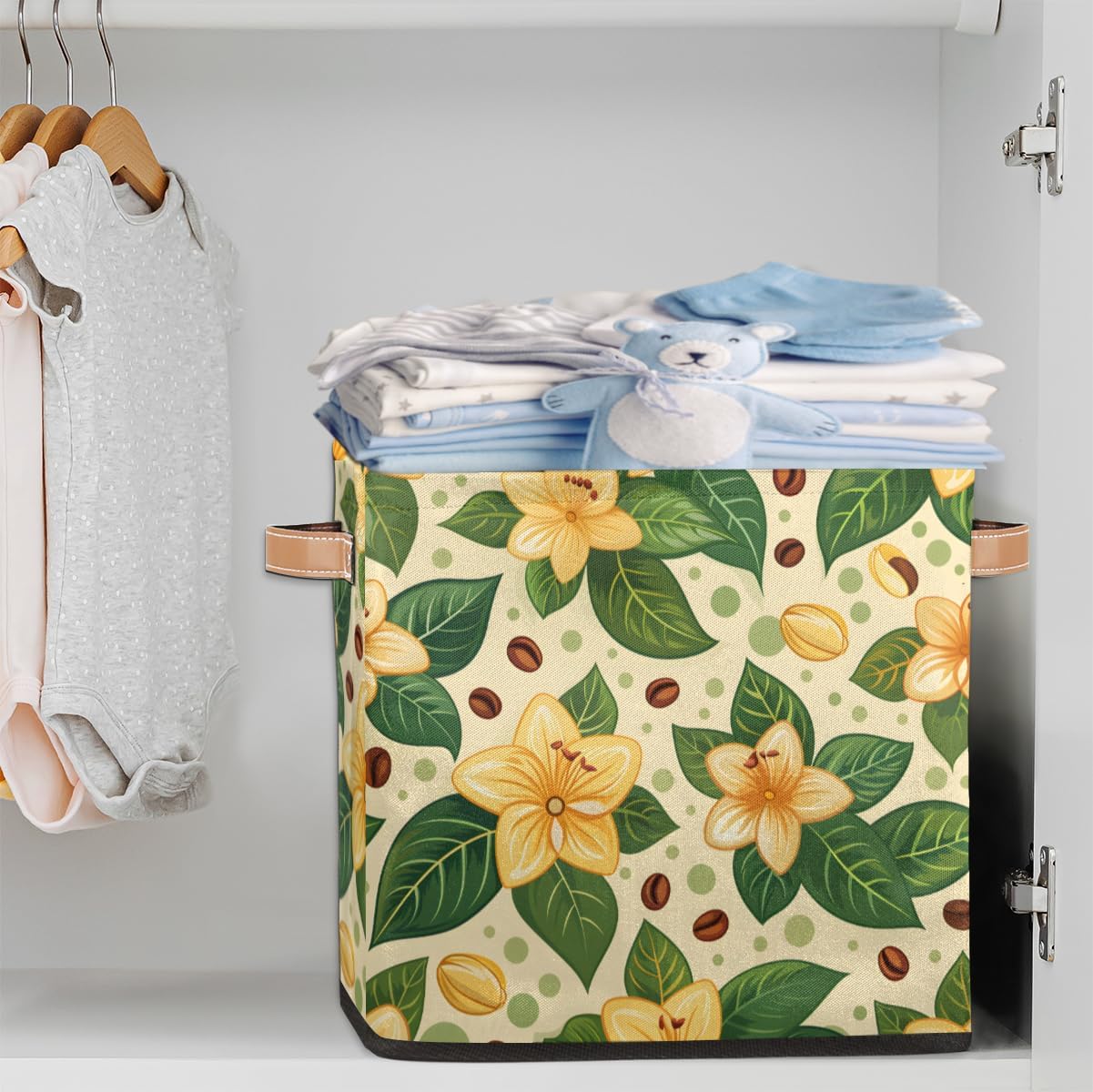 TropicalLife 13x13x13 Inch Large Fabric Storage Cube Yellow Flower Foldable Storage Bin with Handles Organizer Boxes Cube Basket for Shelves Organizing Closet