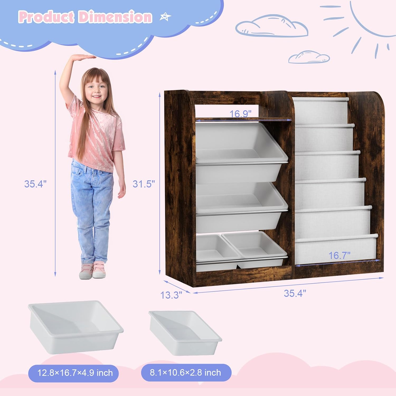 Rustic Kids Wood Bookshelf Toy Storage Box Organizer Shelf W/4 Removable Plastic Toy Bins Children Bookcase Toddler Baby Sling Book Rack Cabinet Chest Girl Boy Gift Playroom Classroom Bedroom Nursery
