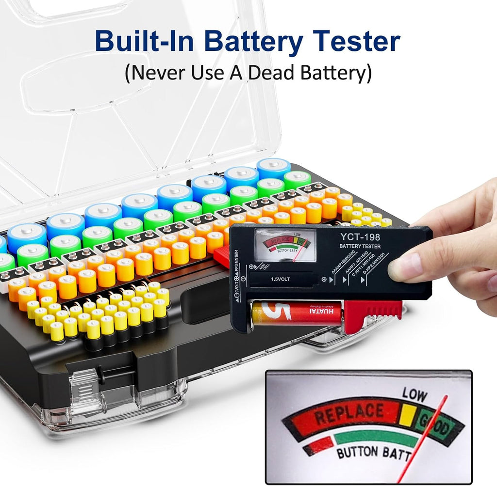 Battery Organizer Storage Holder Box Case with Tester - 285 Batteries Double-Sided Variety Pack, Holds AA AAA 4A C D Cell 9V 3V Lithium LR44 CR2 CR123 CR1632 18650 Button