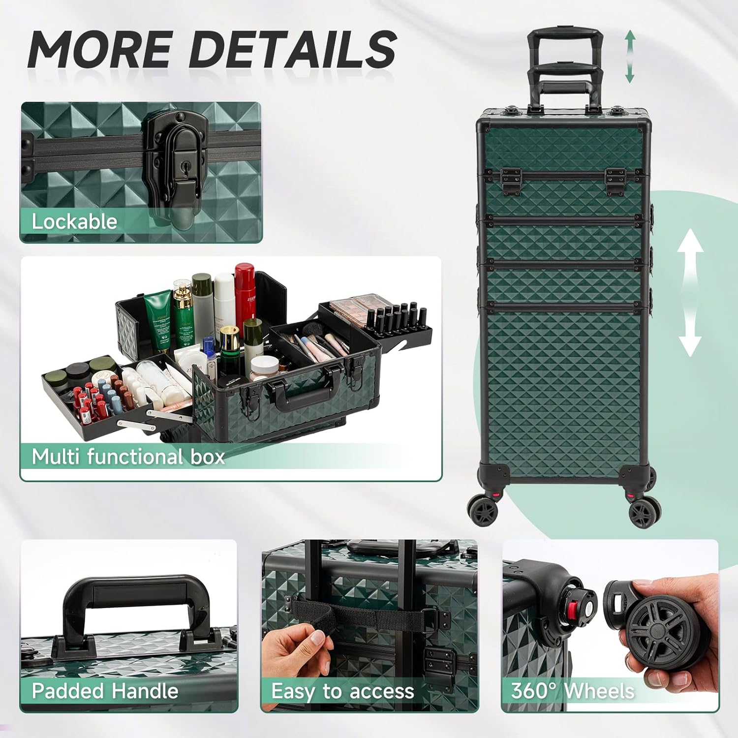 Leeora&Leekoo Portable Multi-Storey Nail Case for Nail Tech Organizer - Wheels Makeup Case Organizer, Cosmetic Case, Makeup Train Case, Make Up Case (Dark Green)