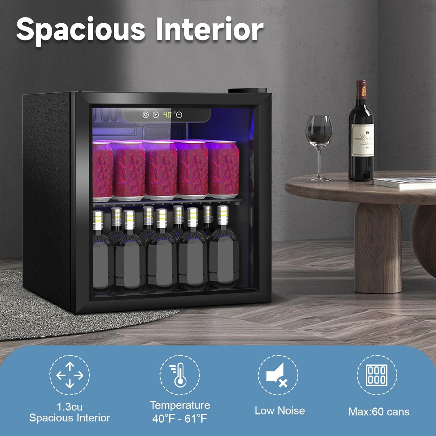 1.3 Cu.Ft Mini Fridge for 60 Cans, Beverage Refrigerator with Glass Door and Digital Display, Small Drink Fridge with Adjustable Shelves for Soda, Beer, Wine, Quiet Compact Fridge for Bedroom