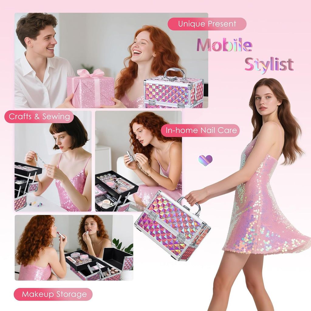 Makeup Case with Lighted Mirror Travel Makeup Organizer Box 2 Trays Lockable Cosmetic Train Case with Movable LED Mirror for Girls Make Up Nail Kits Sewing Vanity Storage Case Shiny Pink