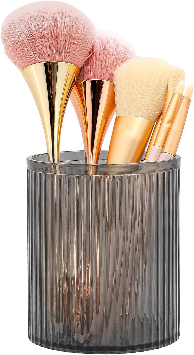 DASITON Makeup Brush Holder Organizer, Acrylic Makeup Brush Cup, Vintage Striped Make Up Brush Holder for Vanity, Bathroom Countertop, Toothbrush Holders, Pen Holder for Desk Storage (Black)