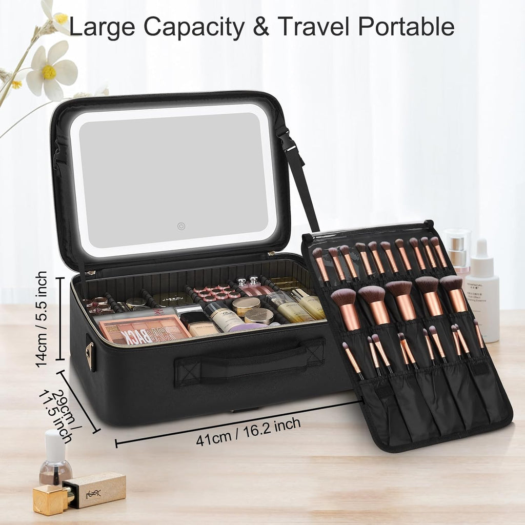 Relavel Makeup Bag with LED Mirror, Large Capacity Travel Cosmetic Organizer with Adjustable Compartments, Brush Holder & Detachable Strap, Black Storage Box for Makeup Artists