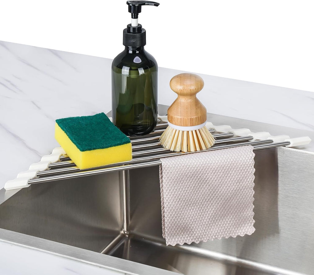 Tomorotec Triangle Roll-Up Dish Drying Rack Sink Corner Small Foldable Stainless Steel Over The Sink Multipurpose Kitchen Drainer Caddy Organizer Storage Shelf Holder (Coconut Milk White)