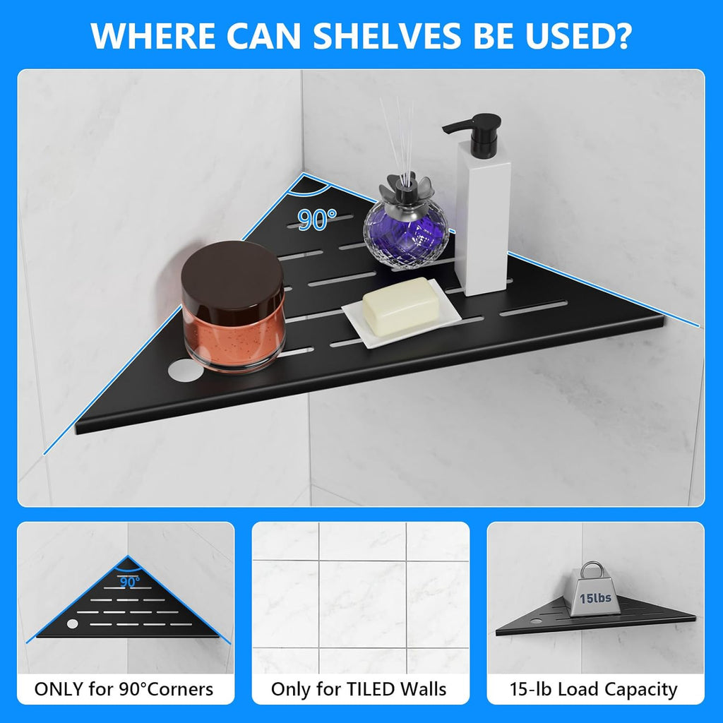 10" Corner Shower Shelves, 2-Pack Matte Black 304 Stainless Steel Shower Shelf with Razor Hole, Rustproof Shower Shelf for Inside Shower, Modern Shelves for Tile Walls, Bathroom Organizer (Black)