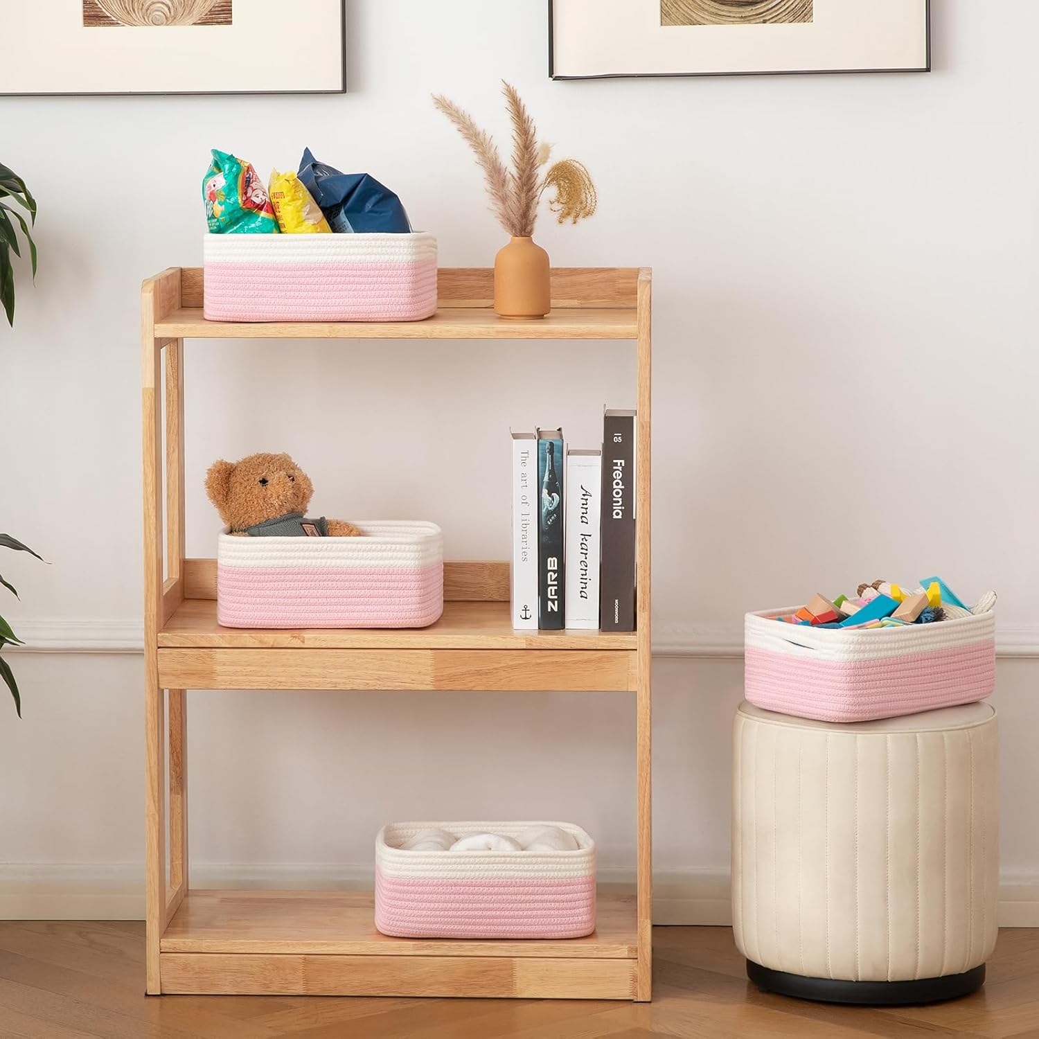 OIAHOMY 4 Pack Storage Baskets for Organizing, Small Bins for Shelves, Cute Decorative Storage Bins, Organizer Baskets for Gifts Empty, 13.8''Lx9.8''Wx5.5''H, Pink/White