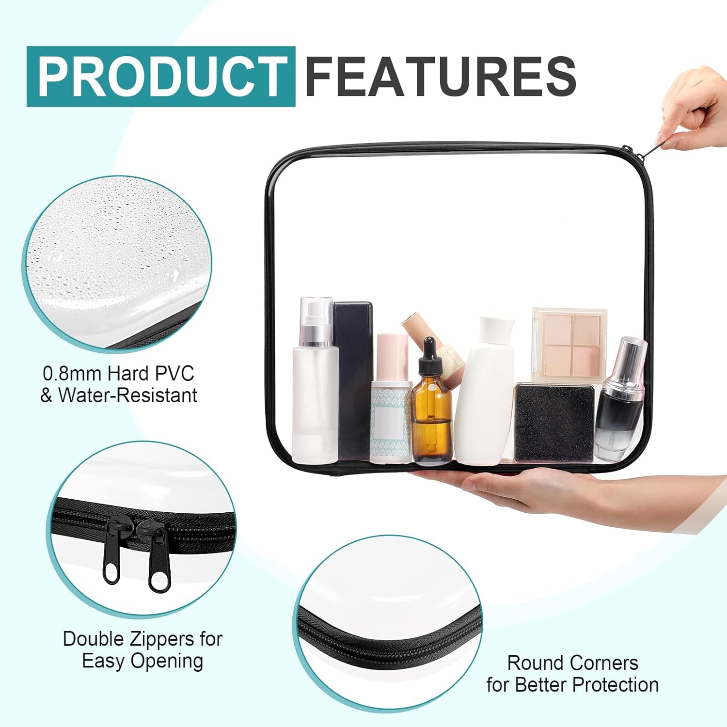 Sanwuta 6 Pcs Clear Hard Zipper Case Hard Plastic Zipper Pouches Transparent Makeup Bag Pencil Pouches for Travel Snacks Christmas Trinket Storage Organizer Box(Black,13.78 x 11.81 x 2 Inch)