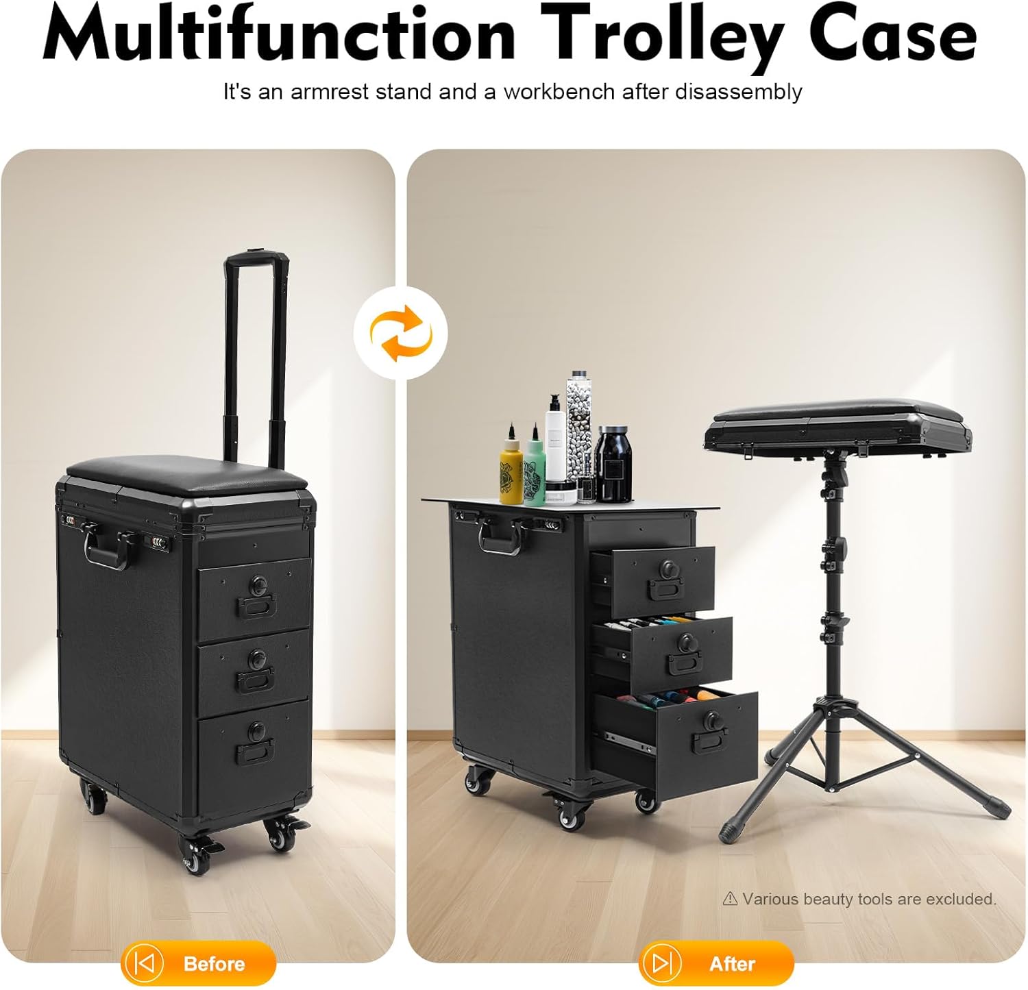 Rolling Makeup Case, 3 Drawers Tattoo Travel Case Makeup Case with Combination Lock for Beauty Salons and Barber Shops 16.54 x 11 x 20.87 Inch Black