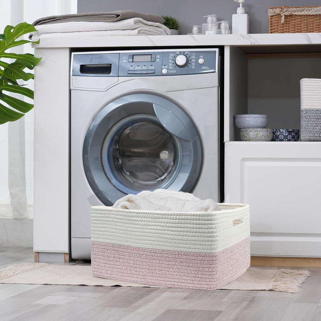 COMFY-HOMI 3 pcs Large Storage Baskets for Shelves, Laundry Basket, Woven Rope Basket, Closet Organizer Bins for Clothes Blanket Towels, Baby Nursery, Gift Toy Baskets, 17” x 13” x 7.5”-White/Pink