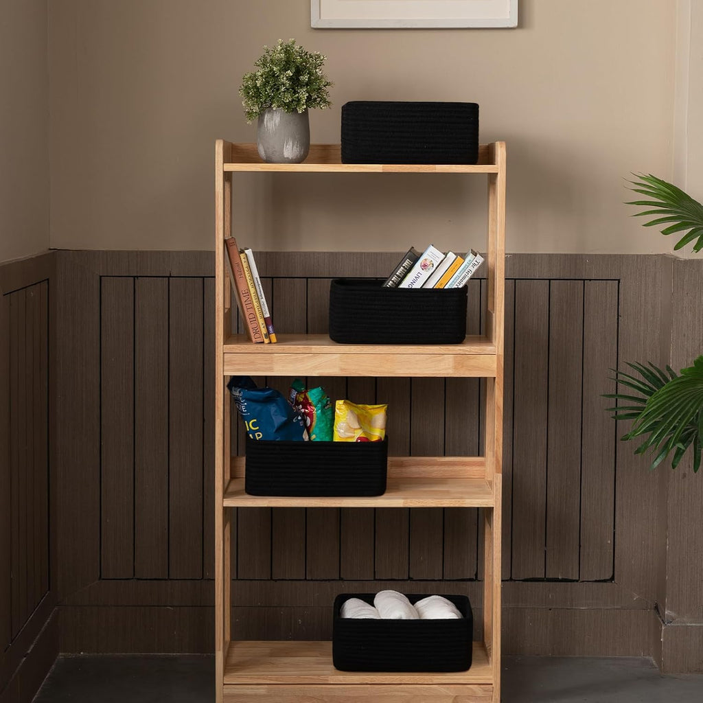 4 Pack Small Storage Shelf Baskets for Organizing, Mini Woven Rope Storage Bins for Towels, Cute Decorative Closet Organizer，Baby Nursery, Gift Empty Baskets -13''Lx8.66''Wx5.11''H-Black