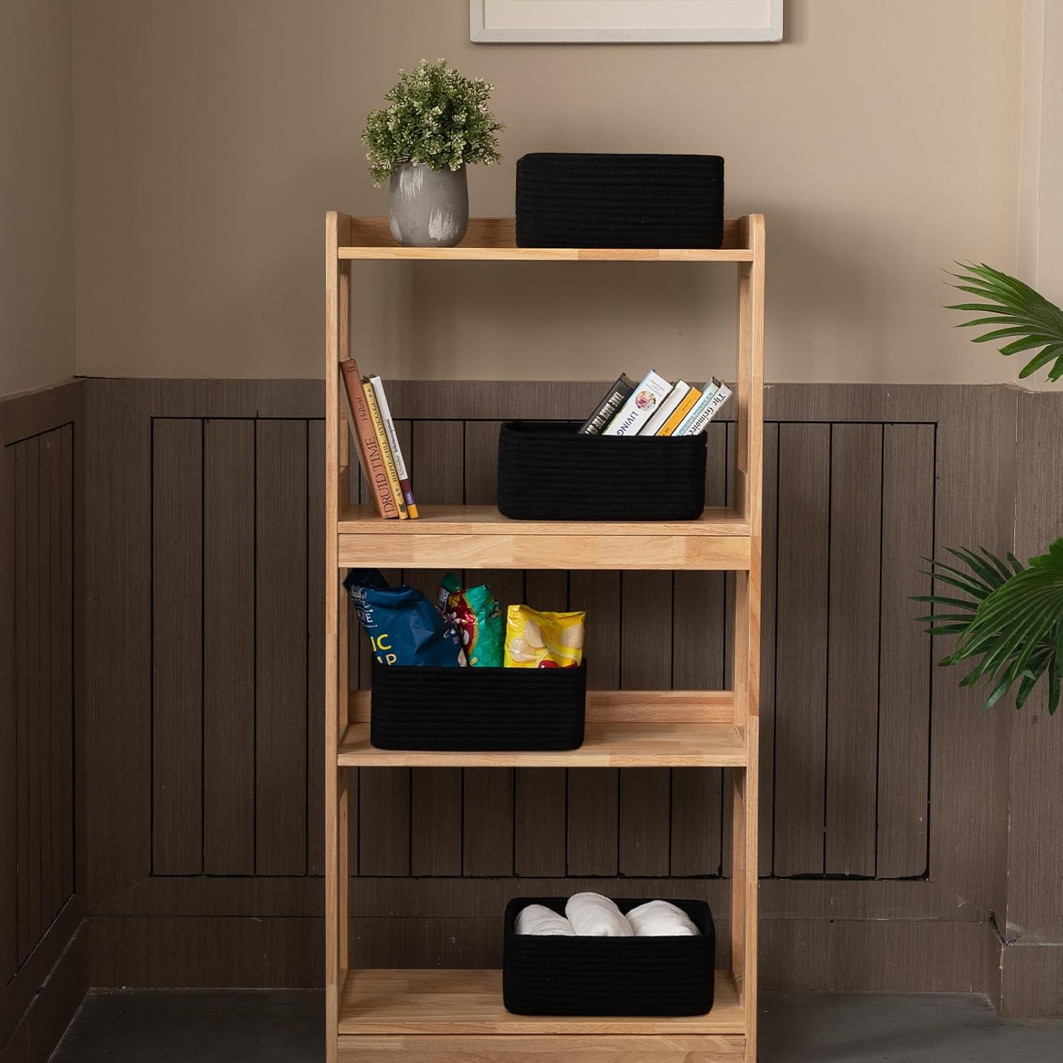 4 Pack Small Storage Shelf Baskets for Organizing, Mini Woven Rope Storage Bins for Towels, Cute Decorative Closet Organizer，Baby Nursery, Gift Empty Baskets -13''Lx8.66''Wx5.11''H-Black