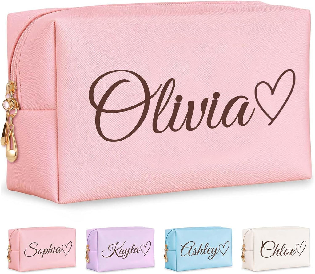 Personalized Makeup Bag with Name & Birth Flower, Custom Leather Cosmetic Bags for Women, Customized Travel Toiletry Bag Gifts for Bridesmaid Wedding