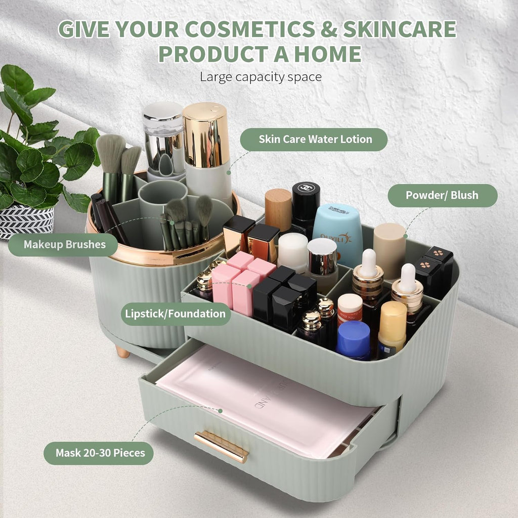 Makeup Organizer for Vanity, Cosmetic Display Case with Drawers, Fits Makeup, Skincare Products, Brushes, Lipsticks, and Other Accessories, Versatile Storage Solution (Green)