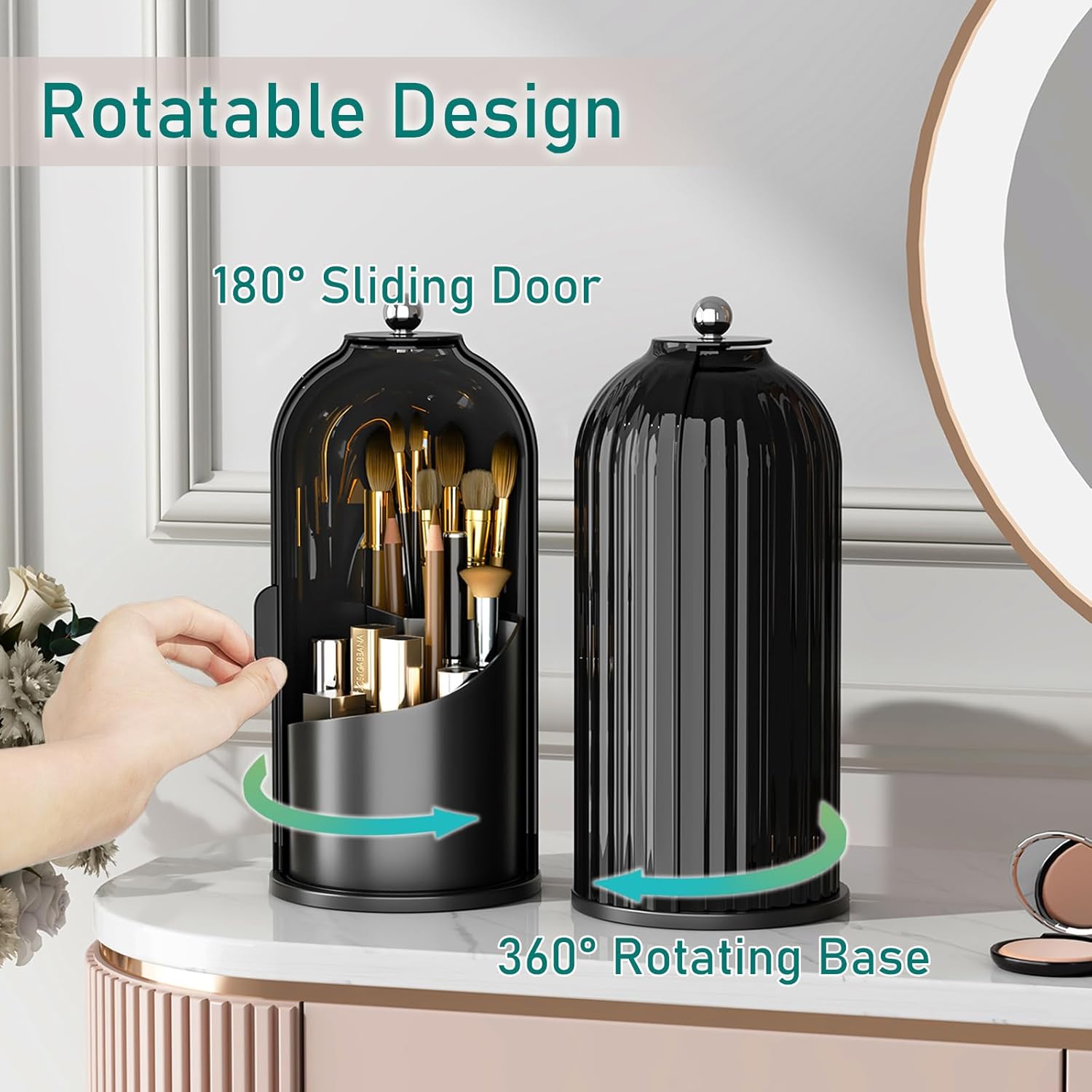 GAXmi Makeup Brush Holder with Lid Cosmetic Tools Organizer 360 Rotating Waterproof Dustproof Beauty Brushes Storage for Vanity, Dark Black