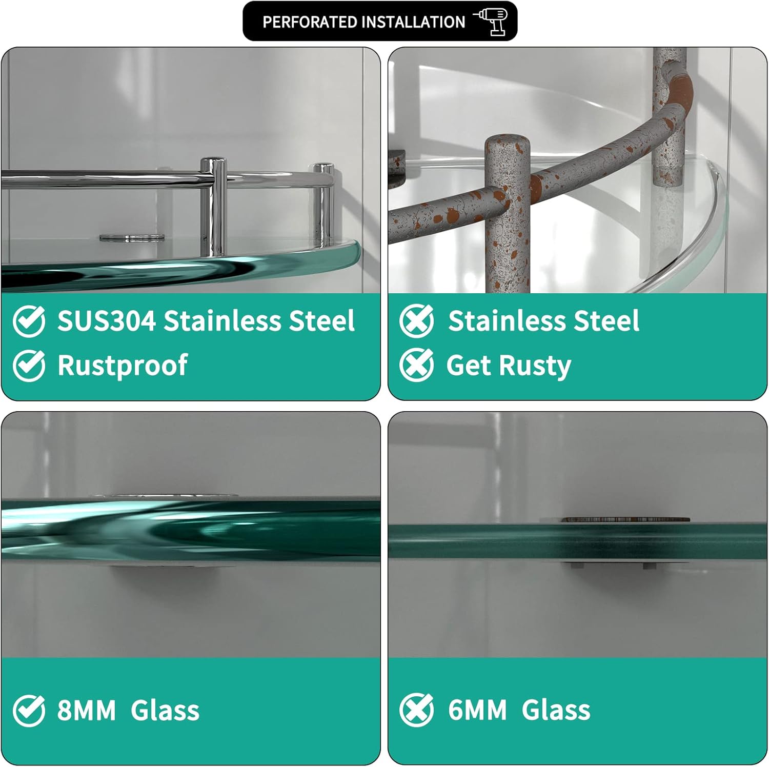 Glass Shower Shelves, Glass Bathroom Corner Shelf Wall Mounted Shelf Shampoo Holder Organizer Extra 8MM Thick Corner Shelves for Inside Shower with 3 Hooks