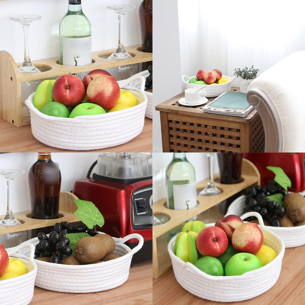 Sea Team 2-Pack Cotton Rope Baskets, 10 x 3 Inches Small Woven Storage Basket, Fabric Tray, Bowl, Round Open Dish for Fruits, Jewelry, Keys, Sewing Kits (White)