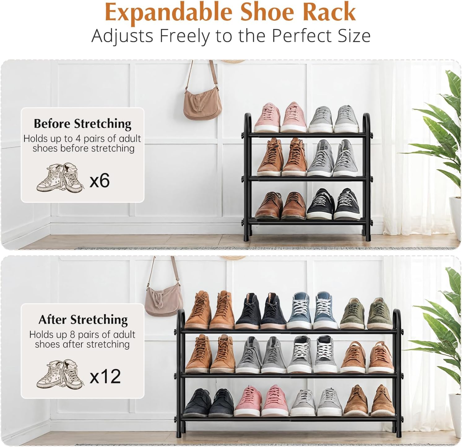 INSMART 3-Tier Expandable Shoe Rack, Stackable and Adjustable Shoes Organizer Storage Shelf, Sturdy and Durable Metal Structure Free Standing Shoe Rack for Closet Entryway Doorway
