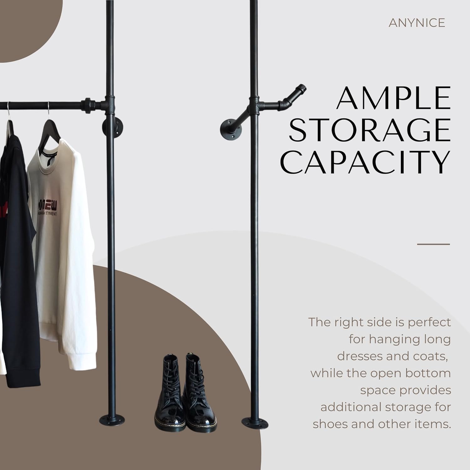 Industrial Pipe Clothing Rack, Heavy Duty Wall Mounted Clothes Rack, Retail Display Hanging Garment Rod for Laundry Rooms, Closet Storage, 14.6x62.5x82.7 Inches, Model AF01