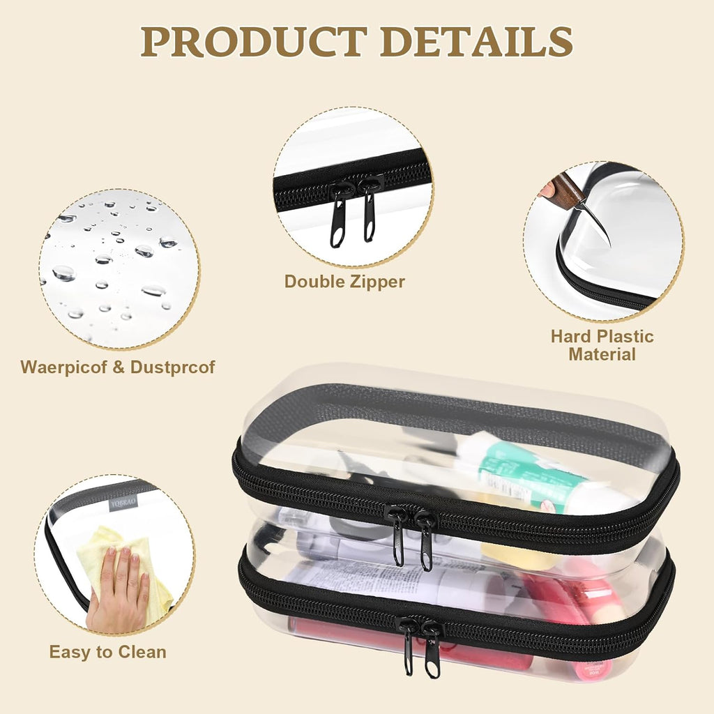 2PCS Zippered Hard Pouch Double,Portable Waterproof Cosmetic Bag with Zipper,DIY Storage Organizer Bins,Hard Plastic Case,Clear Zipper Bags for Organizing,Pencil Case