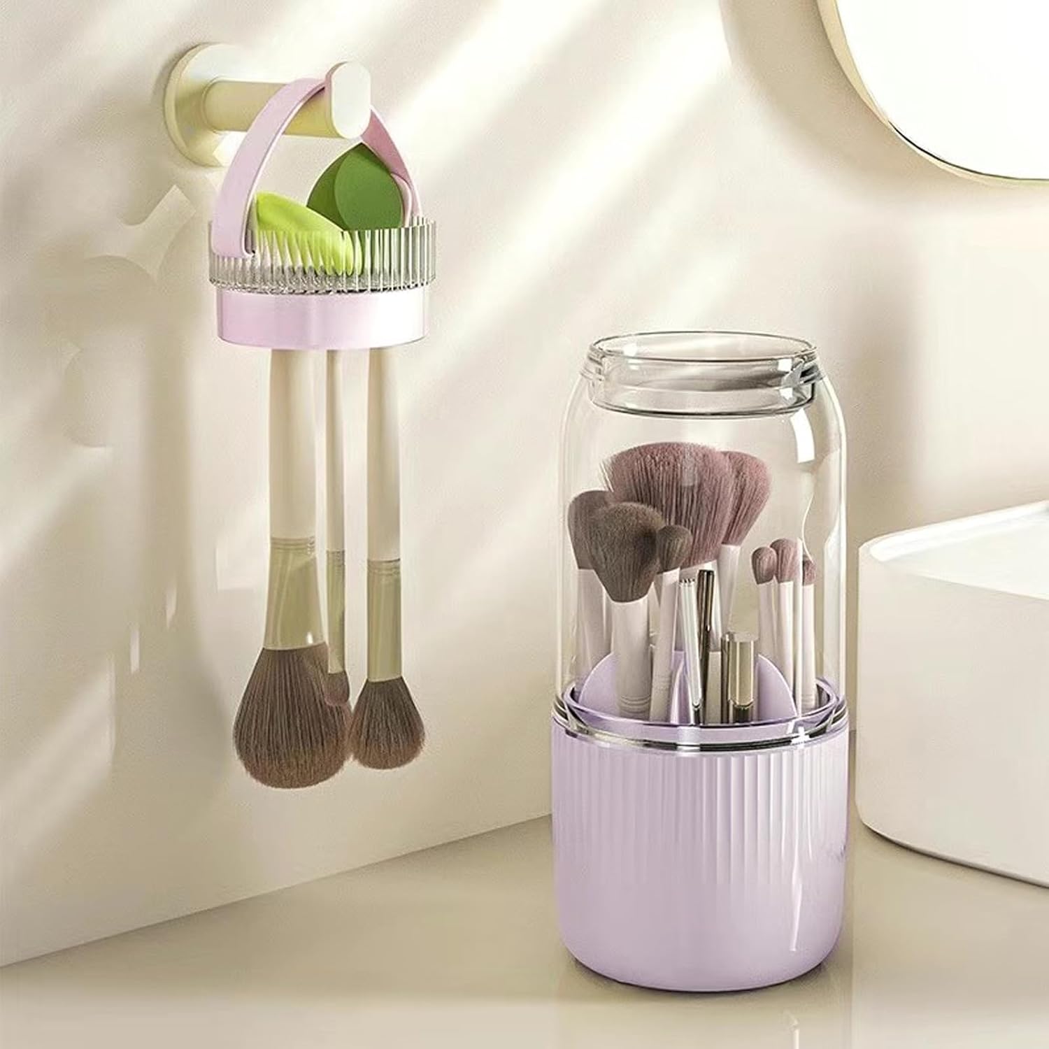 360 Rotating Makeup Brush Holder Organizer, Purple Plastic Cosmetic Organizer with Cleaning & Drying Function, Makeup Brush Holder for Vanity, Desktop, Bathroom