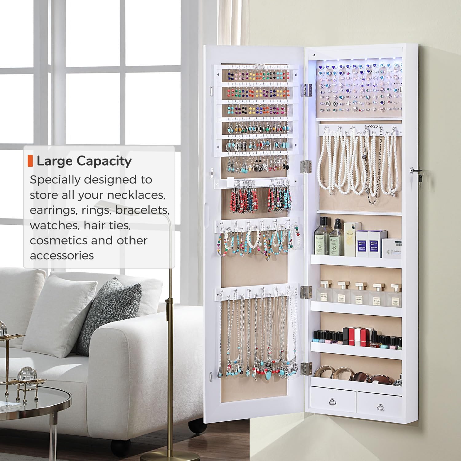 GISSAR Full Length Mirror Jewelry Cabinet, 6 LEDs Jewelry Armoire Wall Mounted Over The Door Hanging, Jewelry Organizer Storage with Lights Lockable, White Surface with Beige Lining, 14.6" x 47.2"