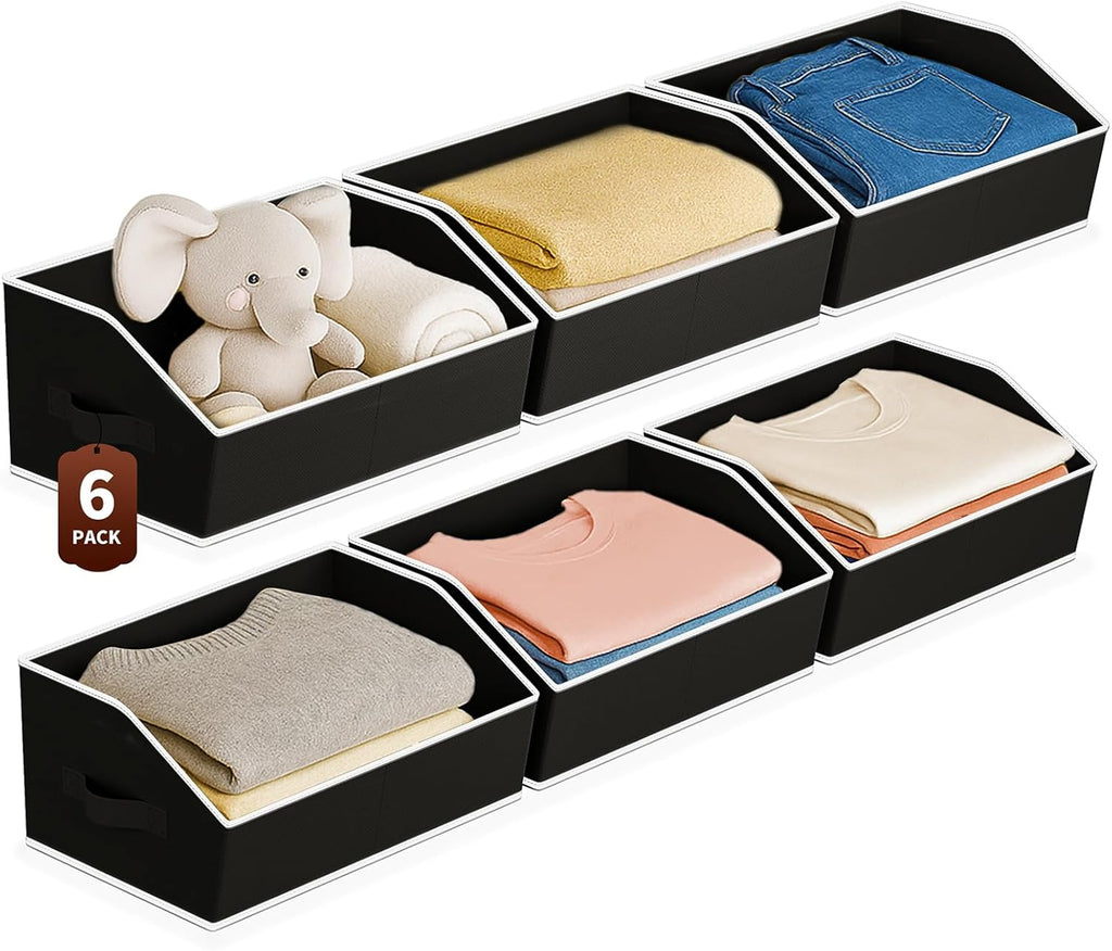 Large Closet Organizers and Storage Bins - 6 Pack Trapezoid Storage Baskets for Shelves, Foldable Fabric Baskets with Handles Ideal for Closet, Basket, Wardrobe and Shelf Storage, Black