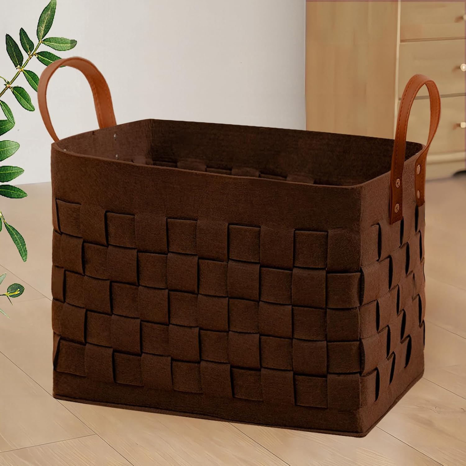 boldmonkey Laundry Basket 16.5 " x13 x13 , Large Rectangular Felt Fabric Blanket Basket with Leather Handle, Dirt Clothes Laundry Hamper for Babies, Dogs and Living Room-Brown