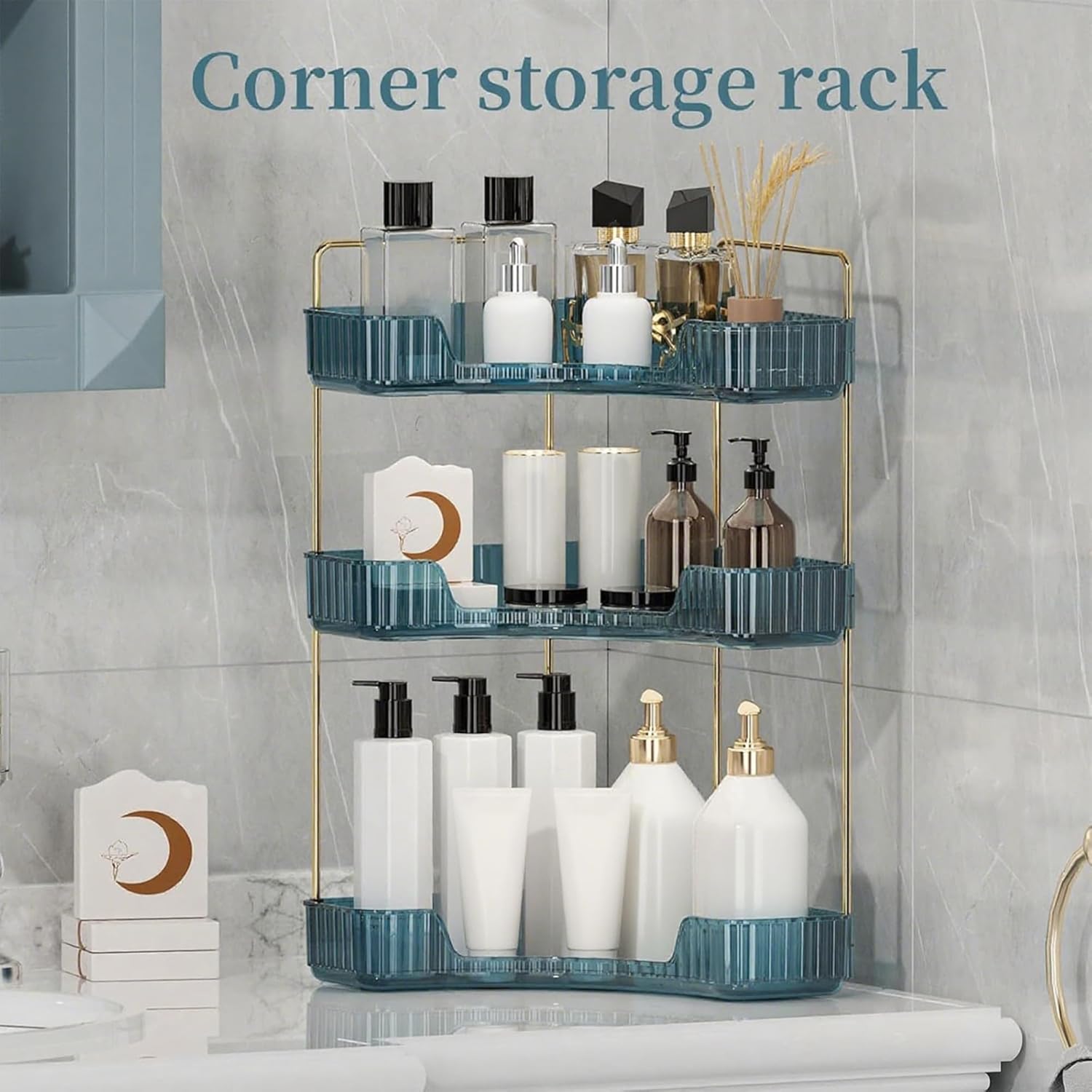 Corner Bathroom Countertop Organizer, Vanity Organizer Trays for Counter, Makeup Organizers, Perfume Tray, Skincare Shelf Storage Gifts for Women Girl Student (Blue, 3 Tiers)