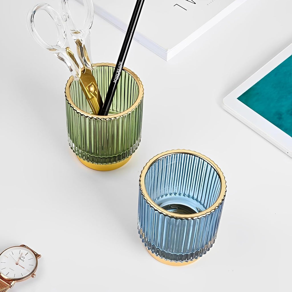 Makeup Brush Holder Organizer, Heavy Crystal Glass Brush Storage Holder, Vintage Cosmetic Make Up Bathroom Brushes Cup Pen Pencil Toothbrush Holder Striped Vase (S+L (blue))