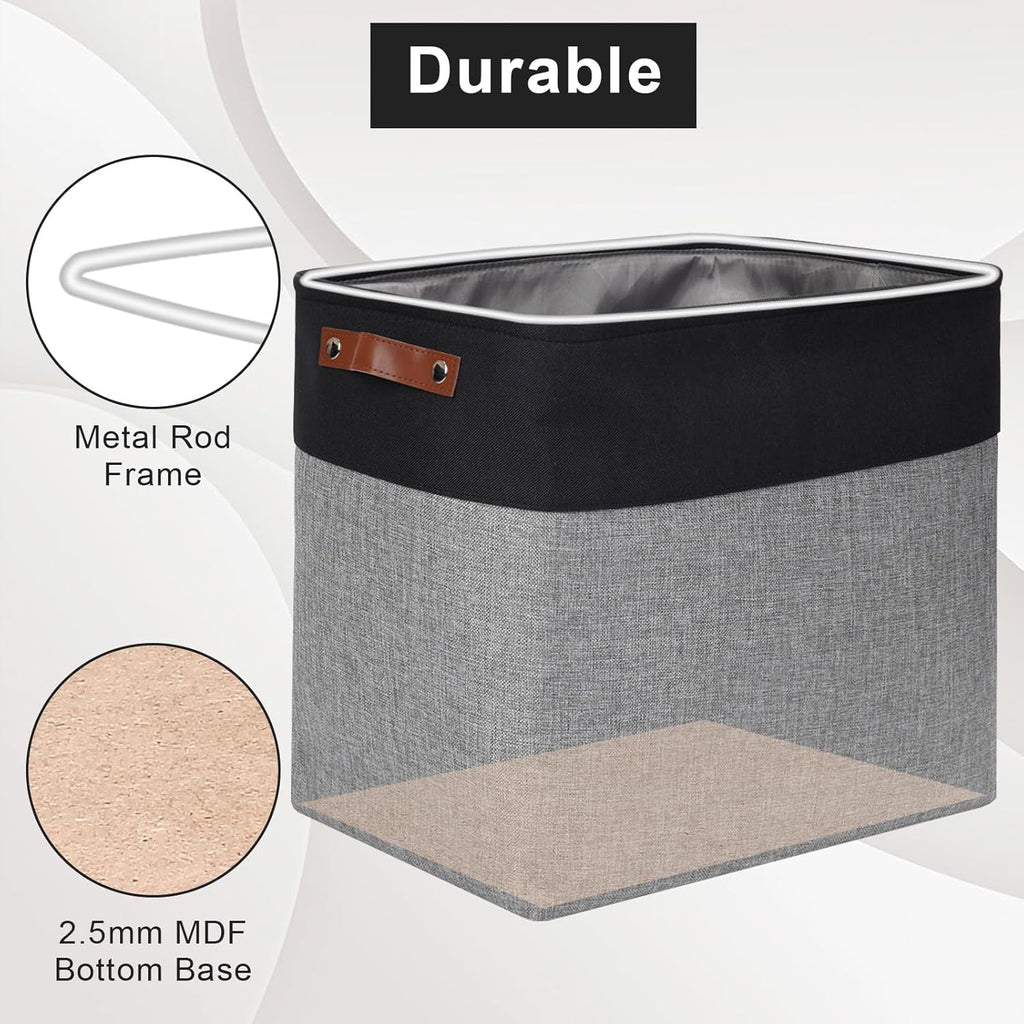 Large Fabric Storage Baskets | 50L Storage Bins, Decorative Linen Closet Baskets with Handles for Organizing, Shelf, Toys, Clothes, Home, Office, Nursery, 17x12x15Inches (Gray&Black)