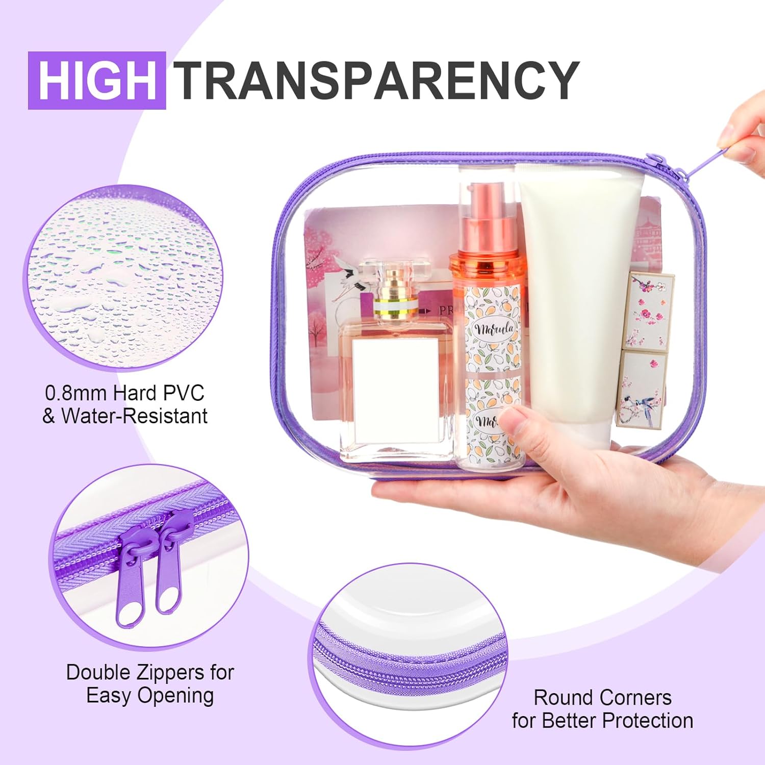 Sanwuta 6 Pcs Clear Hard Zipper Case Hard Plastic Zipper Pouches Transparent Makeup Bag Pencil Pouches for Travel Snacks Christmas Trinket Storage Organizer Box(Purple,7.87 x 5.9 x 2 Inch)