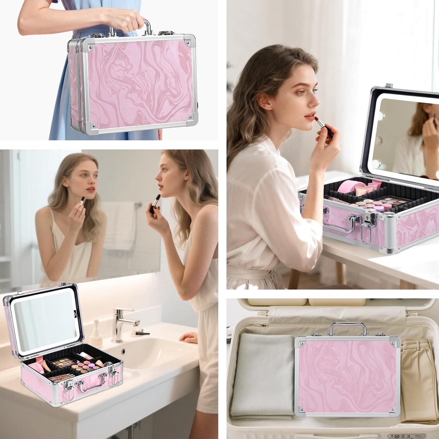 Makeup Case with LED Mirror - Pink Fluid-Color Makeup Box with Detachable Lighted Mirror, Travel Cosmetic Train Case Organizer with Adjustable Dividers and Tool Panel for Brushes