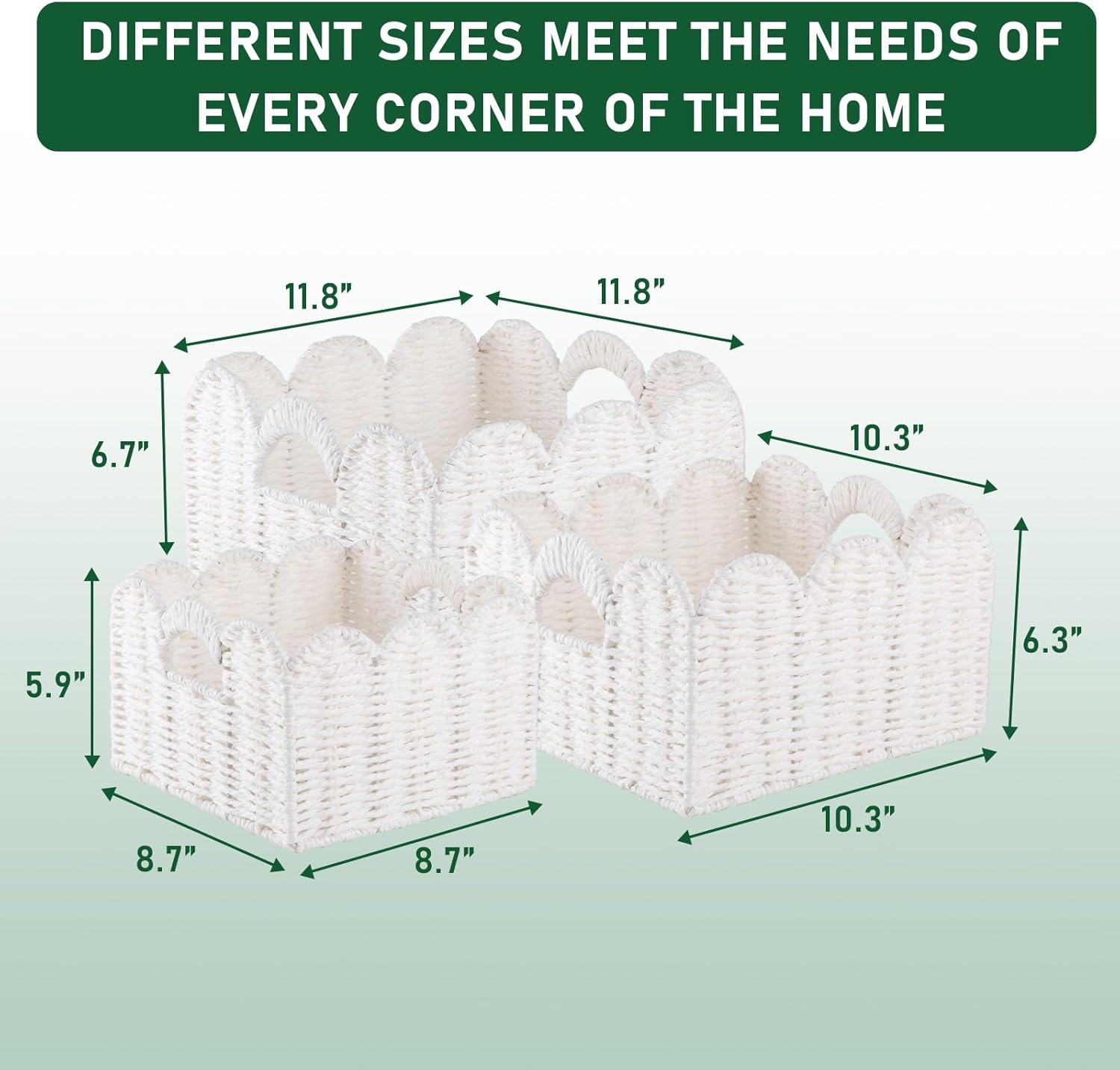 OIAHOMY Scalloped Wicker Baskets, Hand-woven Storage Baskets with Built-in Handles, Paper Rope Shelf Baskets for Organizing and Decoration, Set of 3-White