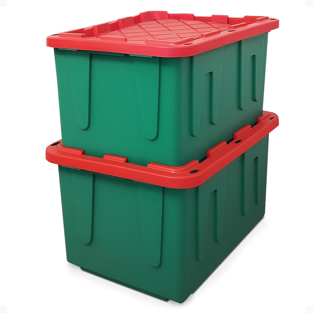 HOMZ 2-Pack Durabilt, Heavy Duty Plastic Storage Bins with Lids, 27 Gallon, Green/Red - Stackable Container Boxes for Holiday, Attic, and Garage Organization