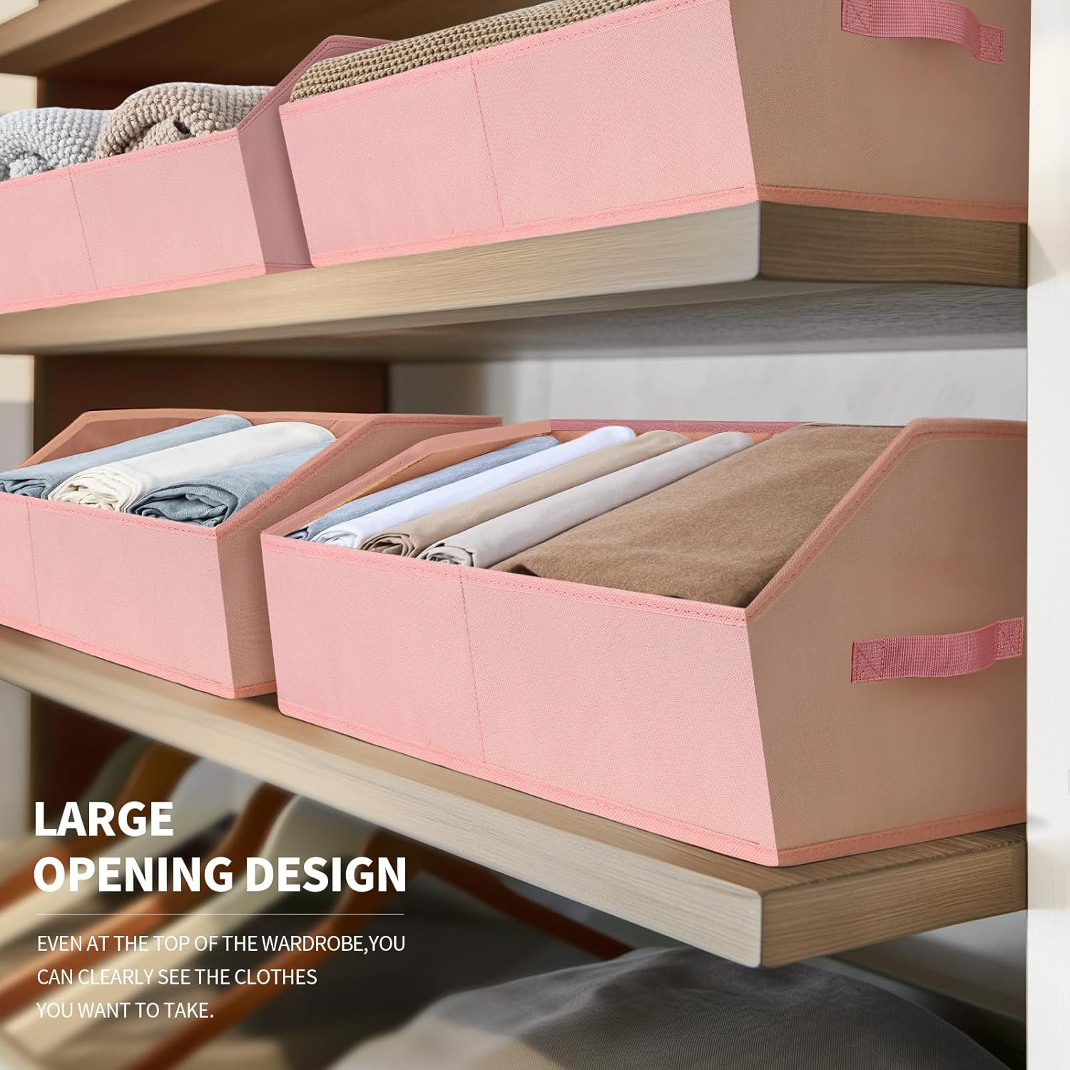 Closet Baskets for Shelves Trapezoid - Decorative Storage Baskets with Handle, Closet Bins for Organization, Shelf Storage Bins for Clothes, Books, Home, Office, 8 Pack, Pink