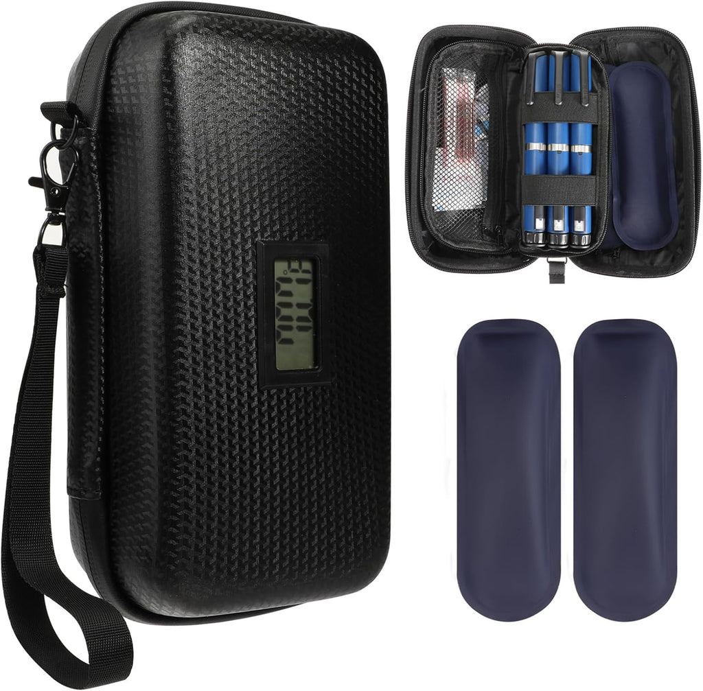 Insulin Cooler Travel Case Diabetic Medication Insulated Cooling Organizer with Temperature Display Insulin Pen Cooler Portable Refrigerated Medicine Bag with 2 Ice Pack