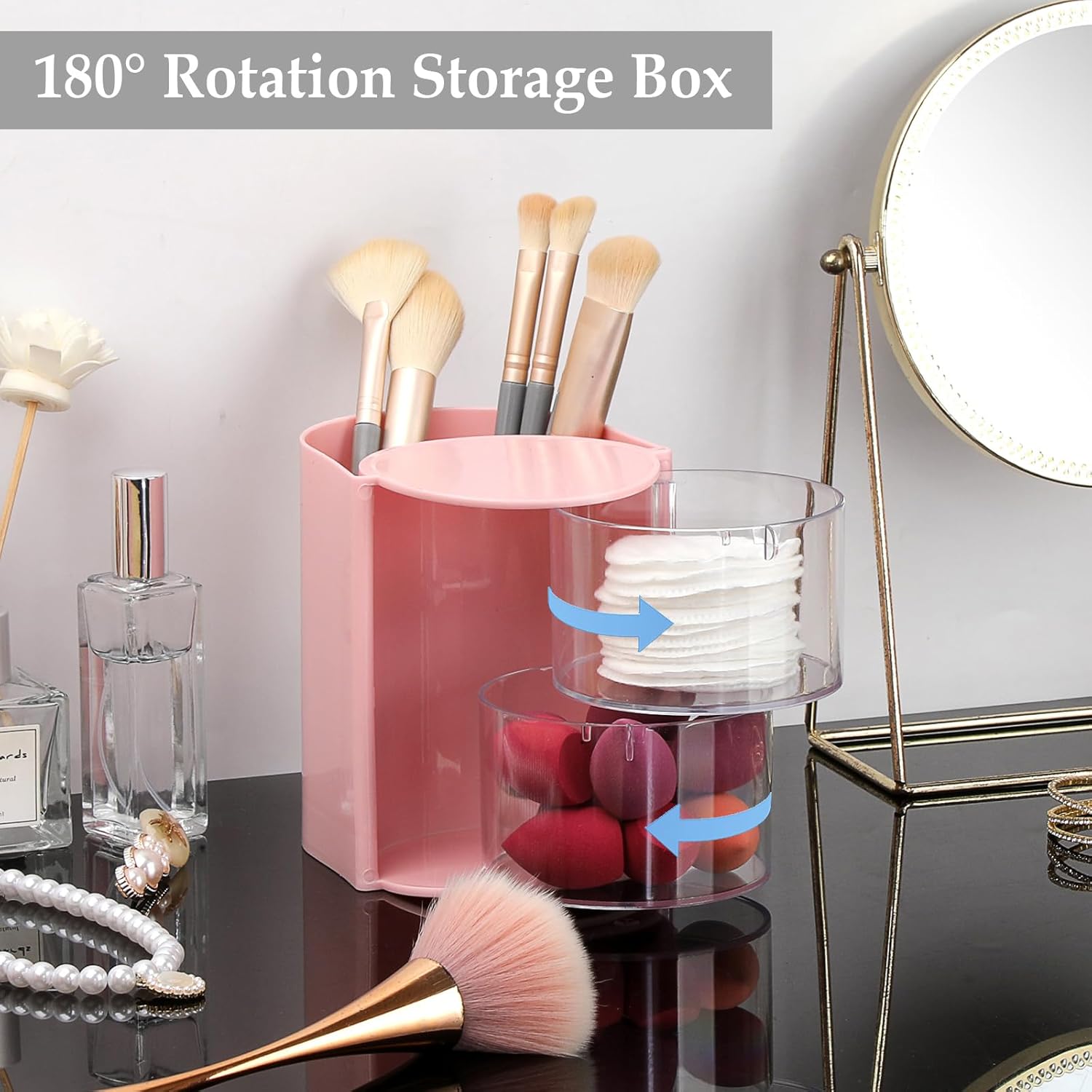 Plastic Hair Accessories Organizer with Brush Holder Rotating Makeup Container Jewelry Storage Box for Vanity Bathroom Countertop, 2-Layer Pink