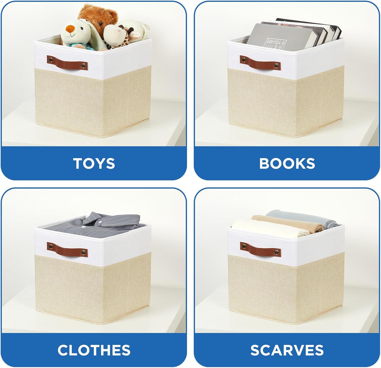 Temary Foldable Fabric Storage Bins with Lids, 2-Pack Storage Bin for Organizing Living Room, Closet Organization, Multi-Purpose Storage Boxes for Clothes (White&Khaki, 10.5x10.5x10.5in)