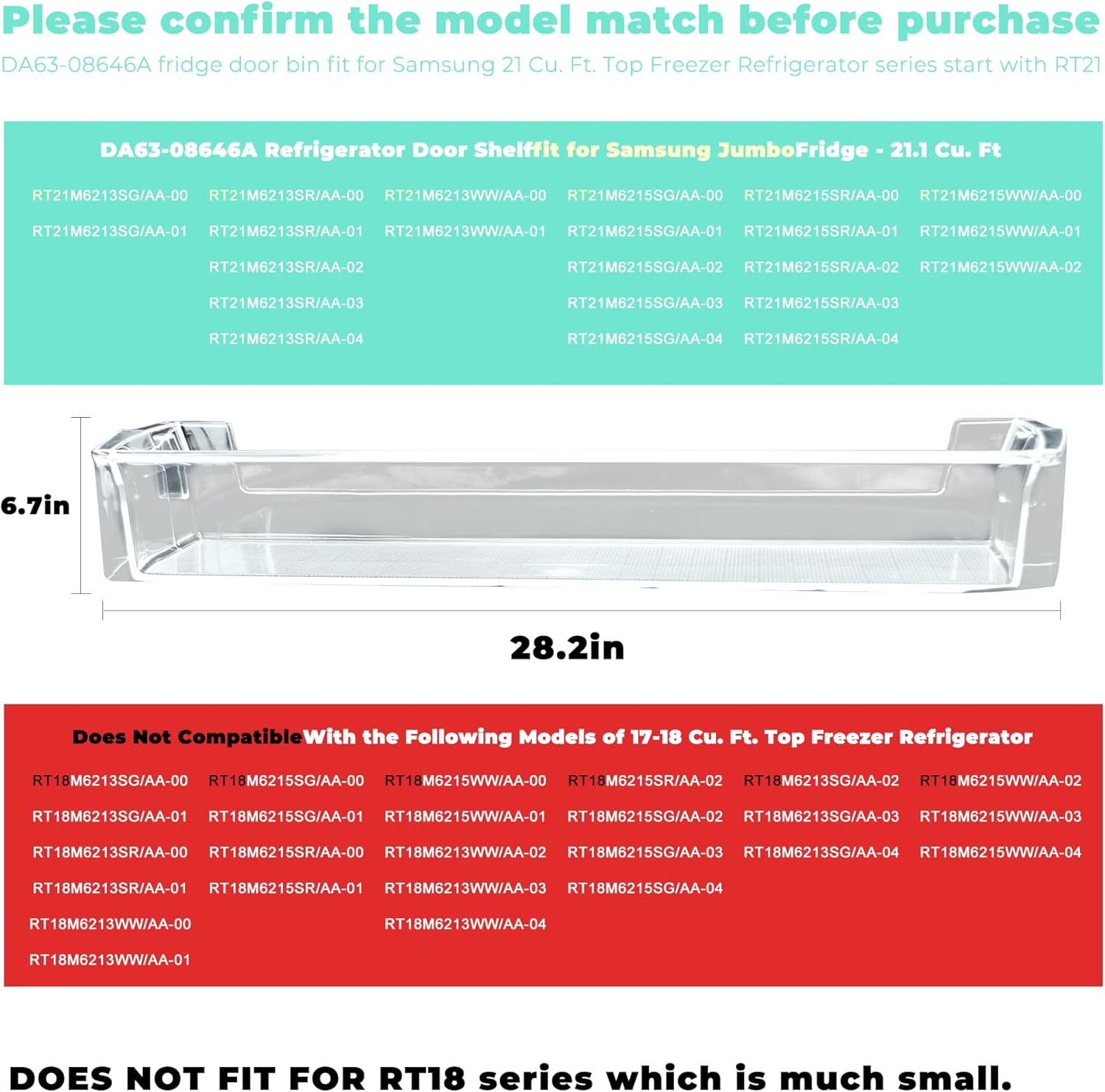 RT21M6213SR/AA Door Shelf fit for Samsung,DA63-08646A fit for Samsung Refrigerator Door Bin RT21M6215SG/AA RT21M6215WW/AA RT21M6213SG/AA RT21M6213WW/AA RT21M6215SR/AA AP6241329 prime&swift